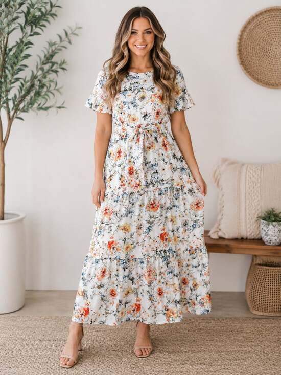 Roolee Dresses & Skirts - Roolee Floral Tiered Maxi Dress Belted White Boho Lined Size Small